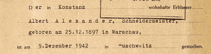 Alexander, Albert Notariat Konstanz 1962  in Auschwitz gestorben